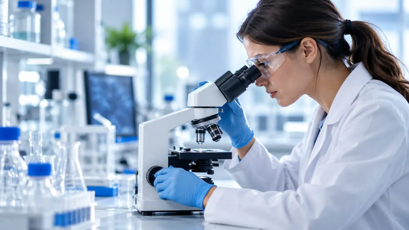 Scientist in a lab coat using a microscope