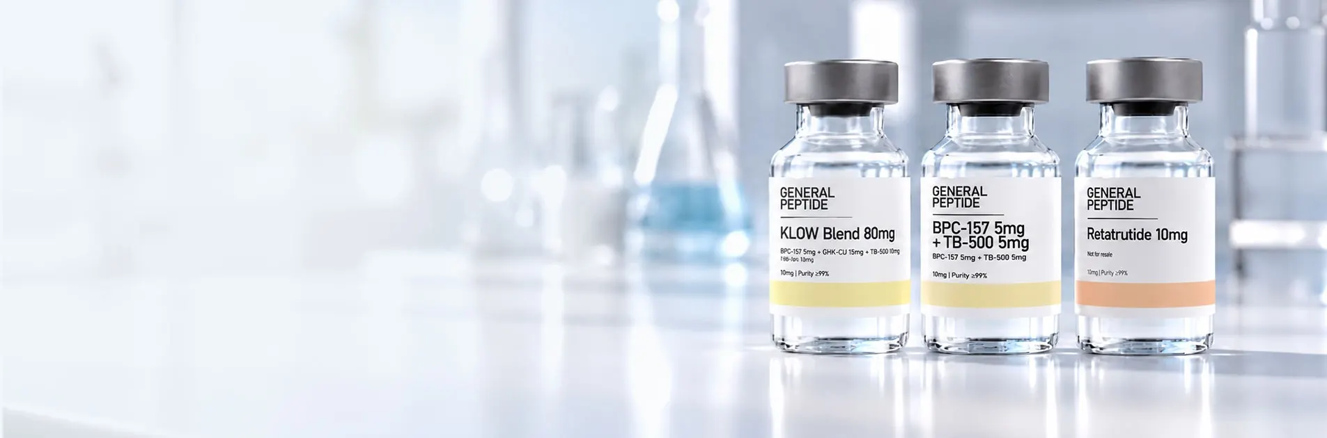 USA lab tested research peptides: General Peptide KLOW Blend, BPC-157 + TB-500 and Retatrutide vials on a laboratory bench